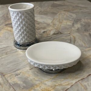 White Ceramic Bathroom Set with Silver Accents